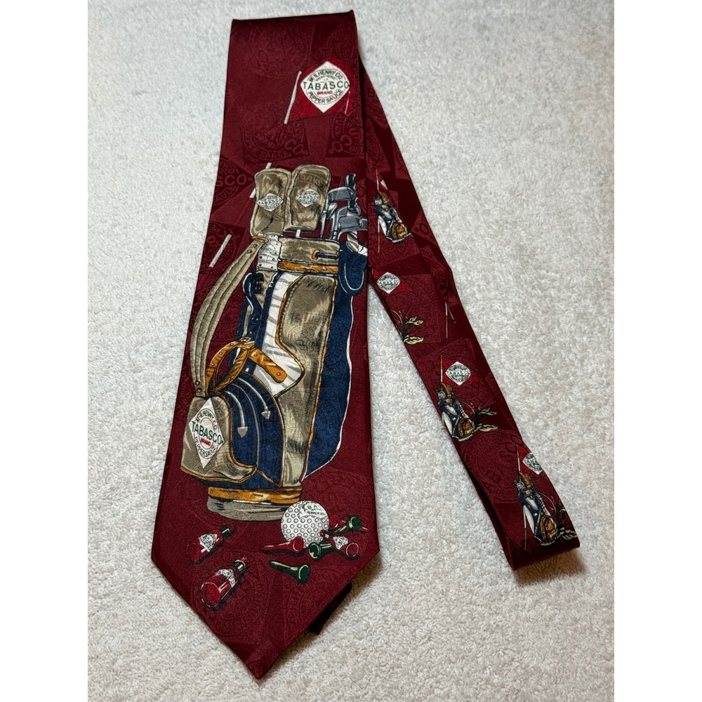 Tabasco Mens Silk Tie Burgundy Golf Bag Clubs Novelty Made in USA WPL 4075